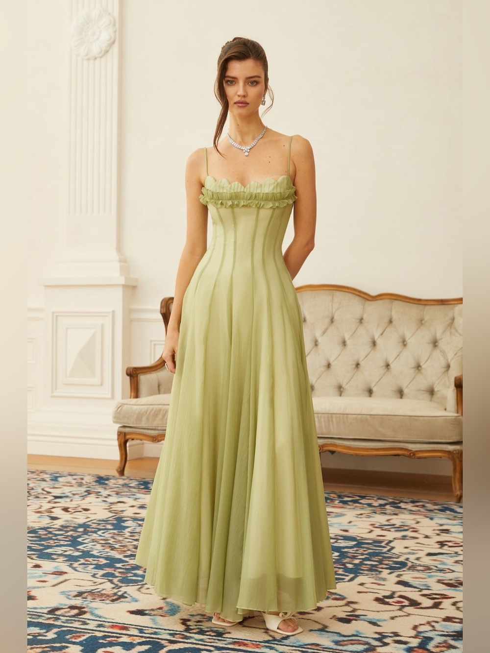 Miss Rosier Matcha Ruffled Shirred Tulle Maxi Dress